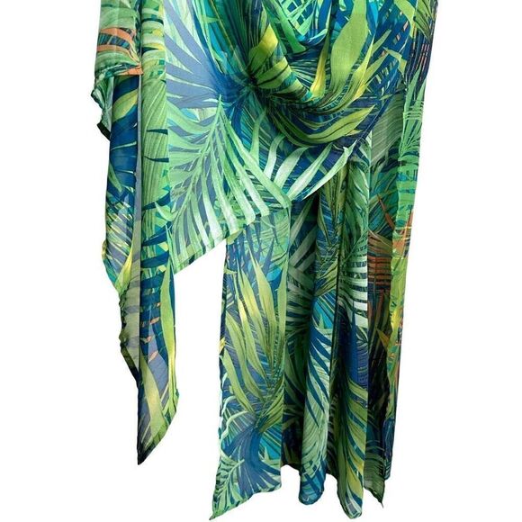 Revamped Tropical Leaf Print Maxi Dress Womens Large Coloful Chiffon Boho Glam - Picture 5 of 12